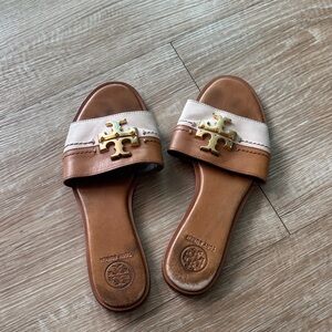 Tory Burch Tan and Cream Slide Sandals